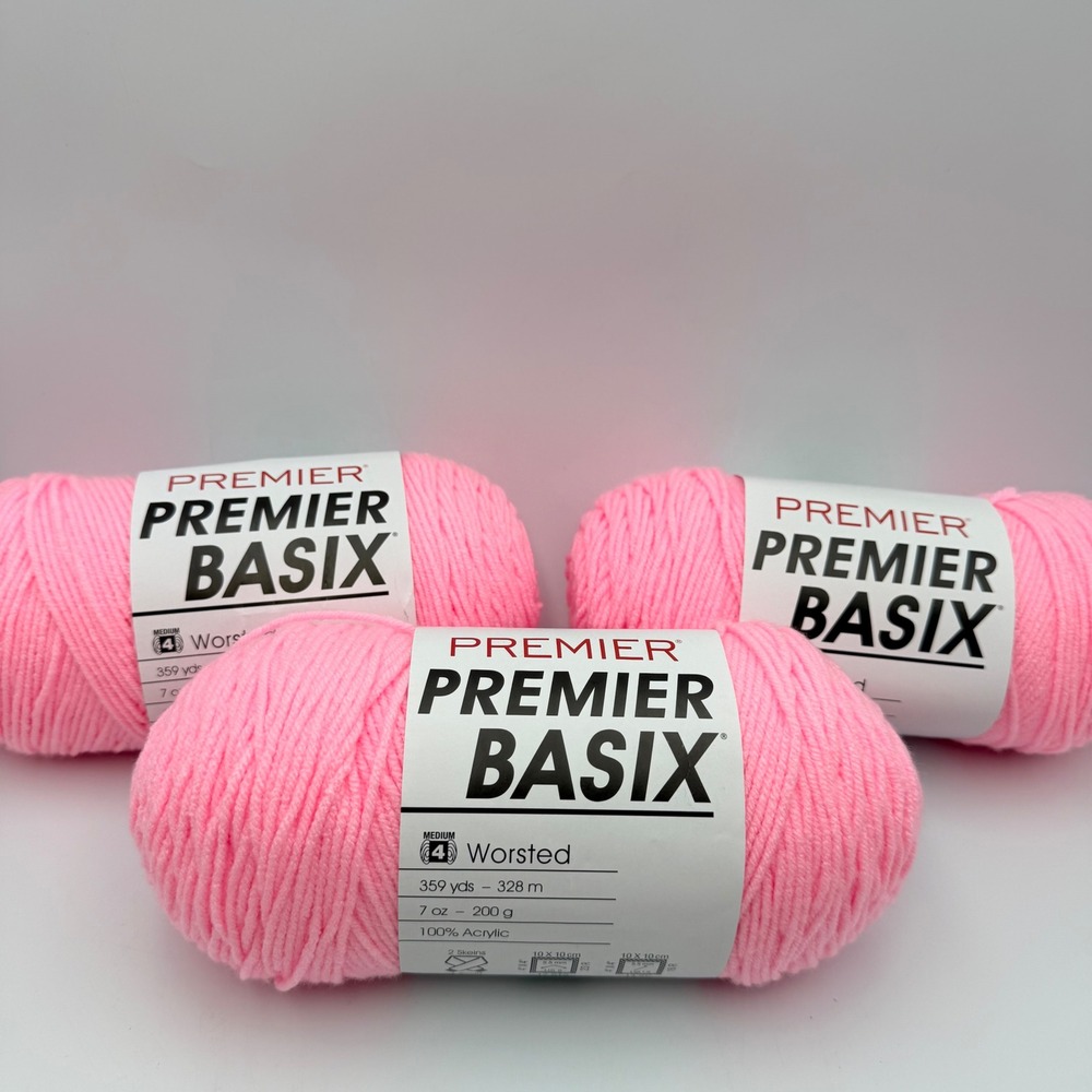 Premier Basix Worsted Yarn 3 Skeins Pink 1115-08 100% Acrylic 359 Yds Each